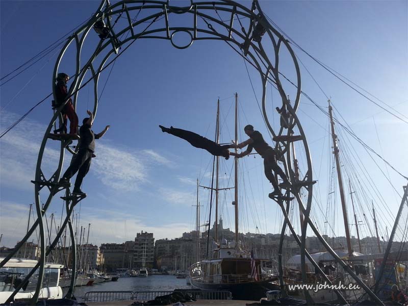 Circus artists setting up for tonight’s show around the Vieux Port in Marseille