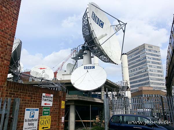 Satellite dishes at the old BBC Television Centre in London W12