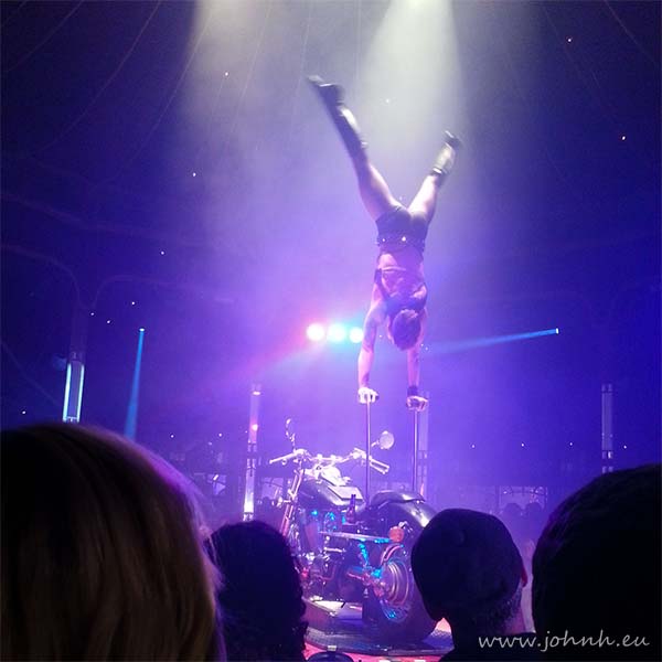 Hand balancing acrobatics at La Soiree in the Spiegeltent on London's South Bank