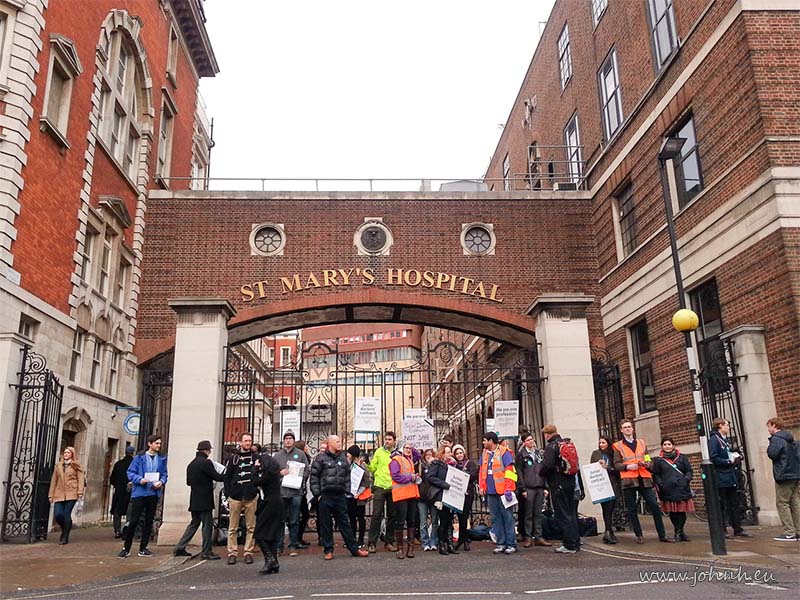 BMA junior doctors on picket line outside St Marys hospital, Paddington, London