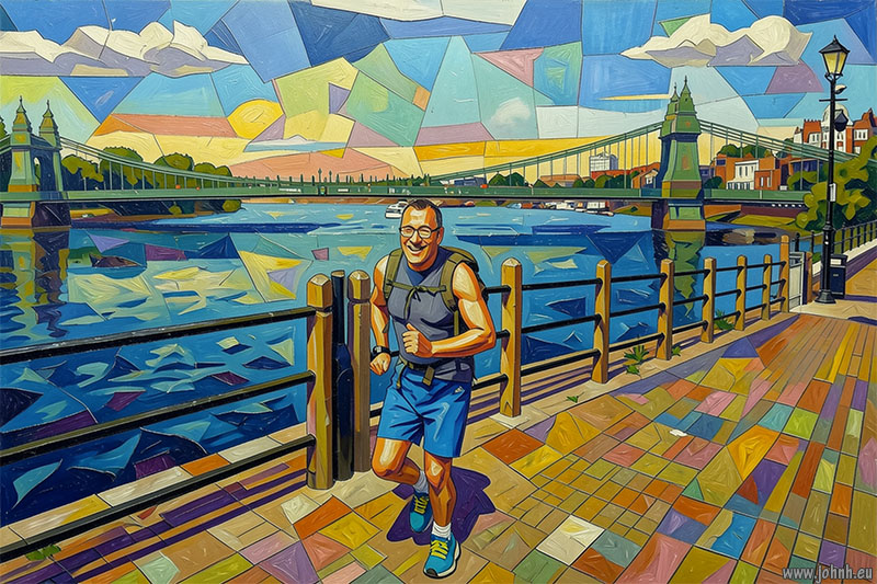 Cartoon of JHB running the Thames Path